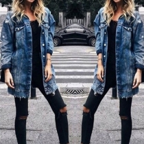 Fashion Long Sleeve POLO Collar Ripped Denim Jacket