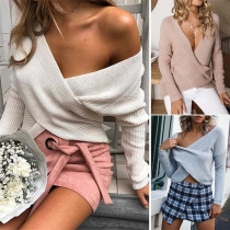 Sexy V-neck Irregular Hem Long Sleeve Solid Color Knit Top