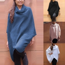 Fashion Solid Color Dolman Sleeve Turtleneck Irregular Hem Top