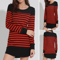 Fashion Long Sleeve Round Neck Slim Fit Striped Dress