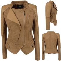 Fashion Long Sleeve Slim Fit Irregular Hem PU Leather Spliced Jacket