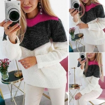 Fashion Contrast Color Long Sleeve Round Neck Sweater