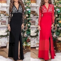 Sexy Backless Deep V-neck Slit Hem Lace Spliced High Waist Party Dress