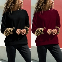 Fashion Leopard Spliced Long Sleeve Round Neck Sweatshirt 