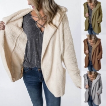 Fashion Solid Color Long Sleeve Hooded Plush Cardigan