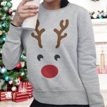 Cute Elk Printed Long Sleeve Round Neck Sweatshirt