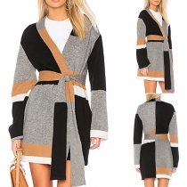 Fashion Contrast Color Long Sleeve Knit Cardigan 