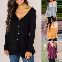 Fashion Solid Coolor Long Sleeve V-neck Ruffle Hem T-shirt