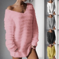 Fashion Solid Color Long Sleeve V-neck Sweater Dress