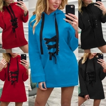 Fashion Long Sleeve Lace-up Hooded Sweatshirt Dress