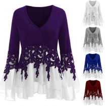 Fashion Long Sleeve V-neck Lace Chifon Spliced Hem Top