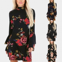 Fashion Trumpet Sleeve Mock Neck Slim Fit Printed Dress