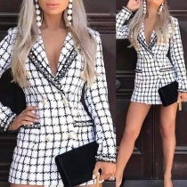 OL Style Long Sleeve Double-breasted Slim Fit Plaid Coat