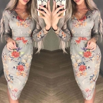 Fashion Long Sleeve V-neck High Waist Slim Fit Printed Dress