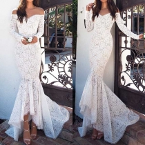 Sexy Off-shoulder Boat Neck Long Sleeve Fishtail Hem Lace Dress