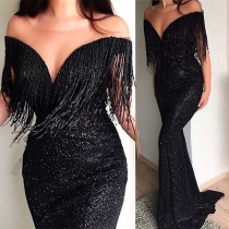 Sexy V-neck High Waist Slim Fit Tassel Party Dress