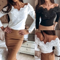Sexy Lace Spliced Long Sleeve Solid Color Slim Fit T-shirt