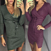 Sexy V-neck Slit Hem Long Sleeve Solid Color Slim Fit Dress