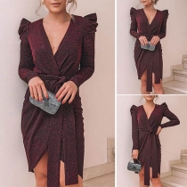 Sexy Deep V-neck Irregular Hem Long Sleeve Party Dress