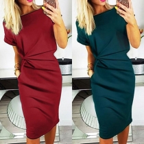 Elegant Solid Color Short Sleeve Round Neck Slim Fit Wrinkled Dress