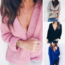 Fashion Solid Color Long Sleeve V-neck Knit Cardigan