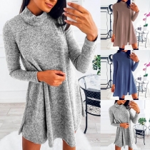Fashion Solid Color Long Sleeve Mock Neck Loose Dress