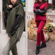 Fashion PU Leather Spliced Long Sleeve Hoodie + Pants Two-piece Set