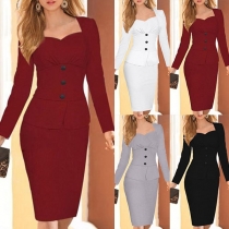 OL Style Long Sleeve Square Collar Slim Fit Ruffle Dress