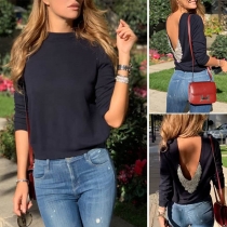 Sexy Sequin Spliced Backless Long Sleeve Solid Color T-shirt