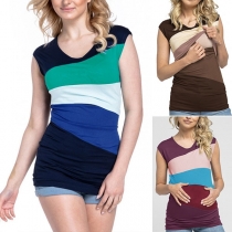 Fashion Contrast Color Sleeveless Round Neck Breastfeeding Maternity T-shirt