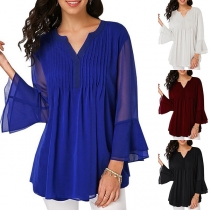Fashion Trumpet Sleeve V-neck Solid Color Loose Top