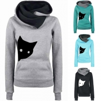 Cute Cat Printed Long Sleeve Slim Fit Hoodie