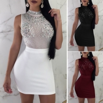 Sexy Sleeveless Slim Fit Sequin Spliced Gauze Dress