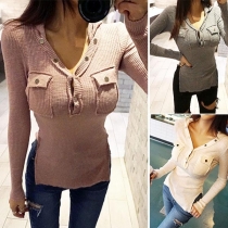 Fashion Solid Color Long Sleeve V-neck Slit Hem Hooded T-shirt 