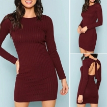 Sexy Backless Long Sleeve Round Neck Solid Color Slim Fit Dress