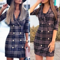 Fashion Long Sleeve Double-breasted Slim Fit Plaid Overcoat