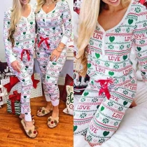 Fashion Printed Long Sleeve V-neck T-shirt + Pants Home-wear Suit