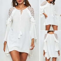 Sexy Lace Spliced Trumpet Sleeve Solid Color Loose Dress