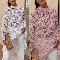 Sexy Long Sleeve Round Neck Irregular Hem Hollow Out Lace Top 