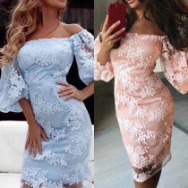 Sexy Off-shoulder Boat Neck Trumpet Sleeve Embroidered Spliced Party Dress