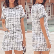 Fashion Short Sleeve Round Neck Slim Fit Plaid Dress