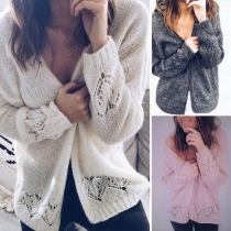 Fashion Solid Color Long Sleeve Hollow Out Knit Cardigan 
