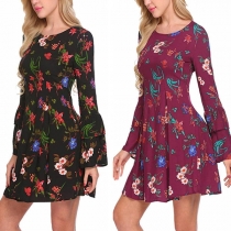 Sweet Style Trumpet Sleeve Round Neck Printed Dress