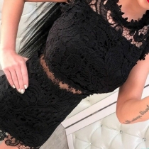 Sexy Sleeveless Round Neck High Waist Hollow Out Lace Dress