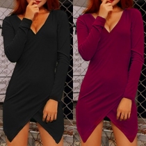 Sexy Deep V-neck Irregular Hem Long Sleeve Solid Color Slim Fit Dress