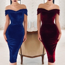 Sexy Off-shoulder Boat Neck Solid Color Slim Fit Party Dress