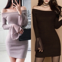 Sexy Off-shoulder Boat Neck Trumpet Sleeve Slim Fit Knit Dress