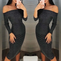 Sexy Off-shoulder Boat Neck Long Sleeve Slim Fit Dress