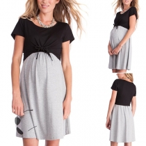 Fashion Contrast Color Short Sleeve Round Neck Breastfeeding Maternity Dress