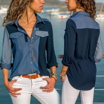 Fashion Contrast Color Long Sleeve POLO Collar Shirt 